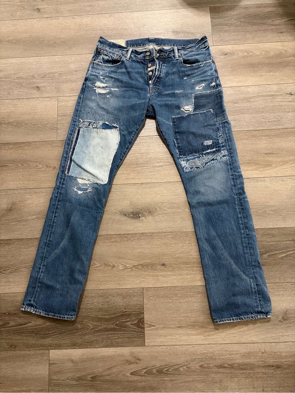 Ralph Lauren Men's Distressed Patchwork Blue Jeans